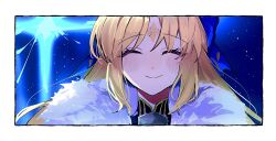  1girl 710_ao artoria_caster_(fate) artoria_caster_(third_ascension)_(fate) artoria_pendragon_(fate) blonde_hair border facial_mark fate/grand_order fate_(series) fur_scarf high_collar highres portrait smile solo star_(sky) straight-on 