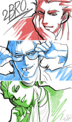  2bro. 3boys absurdres adjusting_eyewear anija_(2bro.) ascot beard candy color-coded commentary_request copyright_name facial_hair food food_in_mouth glasses head_rest headphones highres limited_palette lollipop lollipop_in_mouth male_focus multiple_boys otoja_(2bro.) otsuichi_(2bro.) signature thick_eyebrows toshimichi_yukari 