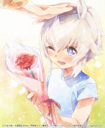  2girls aged_down animal_ears blue_eyes blue_shirt blush commentary_request flower grey_hair hair_between_eyes hand_on_another's_head headpat holding holding_flower horse_ears horse_girl long_hair long_sleeves mother_and_child mother_and_daughter multiple_girls official_art oguri_cap's_mother_(umamusume) oguri_cap_(umamusume) one_eye_closed open_mouth out_of_frame parent_and_child ponytail second-party_source shirt short_sleeves smile sweater umamusume umamusume:_cinderella_gray yellow_sweater 