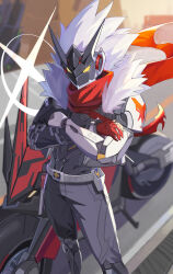  1boy arm_mounted_weapon belt billy_kid billy_kid_(starlight) black_jacket black_pants bracelet chain chain_around_arm clothed_robot commentary_request cropped_jacket crossed_arms fur-trimmed_jacket fur_trim highres horns humanoid_robot jacket jewelry jinchan male_focus motor_vehicle motorcycle pants red_scarf robot robot_boy scarf solo spiked_bracelet spikes torn_clothes torn_scarf yellow_eyes zenless_zone_zero 