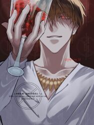  1boy blonde_hair clenched_teeth collarbone commentary_request cup drinking_glass fate_(series) fingernails gilgamesh_(casual_wear)_(fate/zero) gilgamesh_(fate) gilozy_king_2d gold_necklace hand_up highres holding holding_cup jewelry long_sleeves male_focus necklace parted_lips red_eyes shirt short_hair solo teeth twitter_username upper_body v-neck watermark white_shirt wine_glass 