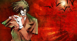  1boy alucard_(hellsing) artist_name ascot black_hat capelet coat commentary_request fang glasses glowing glowing_eye grin hat hellsing highres holding holding_removed_eyewear male_focus moon pentagram red_theme simple_bat smile solo toshimichi_yukari unworn_eyewear upper_body 