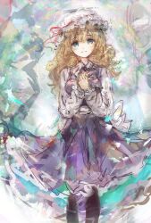 1girl back_bow black_boots blonde_hair blue_eyes blush boots bow brown_boots collared_shirt commentary_request dress frilled_dress frills hands_on_own_chest hat hat_ribbon highres long_hair long_sleeves maribel_hearn mob_cap neck_ribbon open_mouth pinafore_dress purple_dress red_ribbon ribbon road_sign sash shirt sign sleeveless sleeveless_dress solo touhou uwazumi white_hat white_sash 