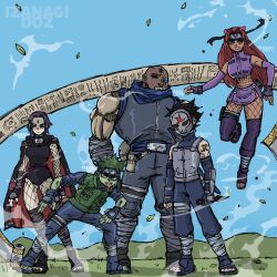  2girls 3boys beast_boy_(dc) blackfire colored_sclera colored_skin dc_comics forehead_jewel green_sclera grey_skin highres leotard multiple_boys multiple_girls naruto_(series) orange_skin raven_(dc) sleeved_leotard starfire superhero_costume tamaranean teen_titans 