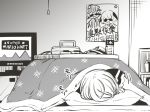  1girl bookshelf bottle choujuu_gigaku hair_ribbon jagabutter kasodani_kyouko kotatsu mario_kart monochrome mystia_lorelei nintendo pillow poster ribbon rumia sleeping solo super_famicom super_famicom_cartridge super_famicom_gamepad super_mario_kart table television touhou water_bottle 