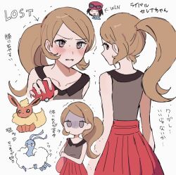  1boy 1girl altaria arrow_(symbol) bag blush brown_hair calem_(pokemon) collarbone commentary_request eyelashes flareon grey_eyes hand_up highres holding holding_poke_ball kuru_(4rfw7) long_hair multiple_views pink_bag pleated_skirt poke_ball poke_ball_(basic) pokemon pokemon_(creature) pokemon_x_and_y ponytail red_skirt serena_(pokemon) shirt skirt sleeveless sleeveless_shirt sweatdrop trembling white_background 