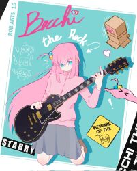  arrow_(symbol) blue_background blue_eyes bocchi_the_rock! box brown_shoes cardboard_box closed_mouth cube_hair_ornament dutch_angle electric_guitar english_text flat_chest floating_hair full-length_zipper gibson_les_paul gotoh_hitori grey_skirt guitar hair_ornament heart highres holding holding_guitar holding_instrument ijichi_nijika instrument jacket kessoku_band kita_ikuyo kneeling knees long_hair melting microphone miniskirt no_socks one_side_up pale_skin pink_hair pink_jacket pink_track_suit plaid_clothes plaid_skirt road_sign robarts_15(rob.arts_15) shoes side_ahoge sign signature skirt slime_(substance) track_jacket track_suit turtleneck turtleneck_jacket uwabaki very_long_hair white_background yamada_ryo zipper 
