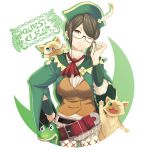  1girl ;) belt brown_eyes brown_hair felyne glasses hand_on_hip hat highres kurorettsu monster_hunter monster_hunter_4 pouch receptionist_(monster_hunter_4) short_hair shorts wink 