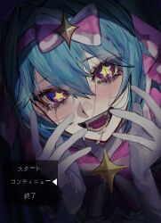  aqua_hair bow bow_hairband bowtie close-up crying crying_with_eyes_open double-parted_bangs eyelashes fangs gloves hair_between_eyes hair_intakes hairband hatsune_miku highres ima_sugu_rinne_(vocaloid) jagged_sclera multicolored_eyes open_mouth pink_bow pink_bowtie pink_eyes star-shaped_pupils star_(symbol) striped_bow striped_bowtie striped_clothes symbol-shaped_pupils tears teeth translated two-tone_bow two-tone_eyes vocaloid white_gloves yosei_bin 