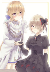  2girls absurdres black_bow black_dress black_gloves blonde_hair blue_bow bow brown_hair closed_mouth commentary_request dress gloves hair_bow heaven_burns_red highres holding_hands kayamori_ruka kayamori_ruka_(cardinal_reverberations) long_hair multiple_girls puyopiku red_bow shirakawa_yuina shirakawa_yuina_(infernal_sanctuary) short_hair simple_background white_background white_dress yuri 