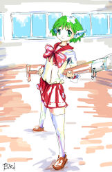  1girl android better2knowyou broom green_hair highres holding holding_broom large_ribbon marker_(medium) multi_(to_heart) red_ribbon red_skirt ribbon robot_ears sailor_collar school_uniform skirt solo solo_focus thigh-highs to_heart to_heart_(series) traditional_media 