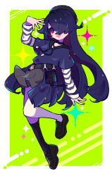  1girl :d black_hat black_shoes black_socks blue_dress border commentary_request commission dress full_body green_background hair_over_one_eye hand_up hat highres honoca6190 kneehighs layered_sleeves long_sleeves open_mouth original outside_border red_eyes shoes short_over_long_sleeves short_sleeves single_kneehigh single_sock skeb_commission smile socks solo sparkle standing standing_on_one_leg striped_sleeves white_border 