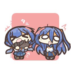  >_< +++ 2girls black_sailor_collar black_shoes blue_hair blue_skirt border chibi chibi_only closed_eyes commentary_request full_body long_hair multiple_girls o_o open_mouth original outside_border pink_background pleated_skirt sailor_collar school_uniform serafuku shiroyama_ab shoes simple_background skirt standing sweatdrop v-shaped_eyebrows white_border 