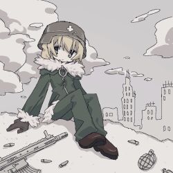  1girl :| ammunition assault_rifle black_gloves blonde_hair brown_shoes cityscape closed_mouth clouds cloudy_sky coat combat_helmet commentary_request explosive fn_scar fur-trimmed_coat fur_trim gloves green_coat green_pants grenade grey_background gun hands_on_ground helmet highres hill long_hair looking_to_the_side mao_3i6 messy_hair military_uniform monochrome_background on_ground outdoors pants raised_inner_eyebrows rifle shoes shoujo_shuumatsu_ryokou sitting sky solo stahlhelm weapon yuuri_(shoujo_shuumatsu_ryokou) 
