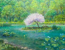  boulder commentary_request day flower highres island lake lily_pad no_humans original outdoors painting_(medium) pink_flower rubber_duck shiraishi_takashi traditional_media tree water water_lily_flower white_flower yellow_flower 
