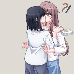  !? 2girls adachi_sakura adachi_to_shimamura black_hair black_pants blue_skirt book brown_hair closed_eyes grey_background hand_on_another's_shoulder highres holding holding_book kiss long_hair medium_hair miyagi_shiori multiple_girls pants parted_lips sendai_hazuki shimamura_hougetsu shirt shuuniichido_classmate_wo_kau_hanashi simple_background skirt surprise_kiss surprised teng_xia53256 violet_eyes white_shirt yuri yuri_(object) 