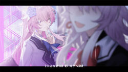  2girls artist_name black_border blue_bow blue_bowtie blurry blurry_foreground border bow bowtie chinese_commentary closed_mouth commentary_request cyrene_(demiurge)_(honkai:_star_rail) cyrene_(honkai:_star_rail) earrings evernight_(honkai:_star_rail) faceless faceless_female finger_to_mouth floating_hair flower hair_flower hair_ornament honkai:_star_rail honkai_(series) jewelry long_hair long_sleeves looking_at_viewer march_7th_(honkai:_star_rail) multiple_girls one_eye_closed open_mouth outside_border pink_hair school_uniform shirt shushing smile srpzk symbol-shaped_pupils very_long_hair white_shirt 