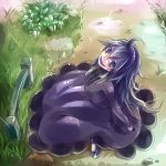  1girl @_@ ahoge bags_under_eyes dress fang from_above grass hairband hex_maniac_(pokemon) long_hair looking_at_viewer looking_up mary_janes messy_hair nail_polish nature npc open_mouth pale_skin pokemon pokemon_(game) pokemon_xy purple_hair purple_nails shoes sitting smile solo sukumo_(kemutai) violet_eyes 