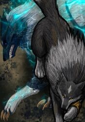  animal_focus aura black_sclera blue_eyes bracer claws colored_sclera commentary dual_persona english_commentary fangs fenrir_(final_fantasy) final_fantasy final_fantasy_xvi grey_wolf highres laudrawin looking_at_viewer sharp_teeth single_bracer tail teeth torgal_(ff16) wolf yellow_eyes 