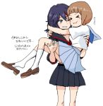  &gt;_&lt; 2girls applebrown arms_around_neck black_hair bob_cut brown_hair carrying kill_la_kill mankanshoku_mako matoi_ryuuko multicolored_hair multiple_girls princess_carry puffy_cheeks school_uniform serafuku short_hair skirt translation_request two-tone_hair 