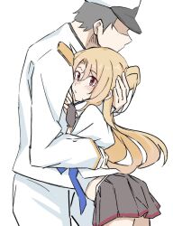  1boy 1girl azur_lane black_gloves black_hair black_skirt blonde_hair blush bu4321 cleveland_(azur_lane) commander_(azur_lane) commentary_request faceless faceless_male fingerless_gloves from_side gloves hat highres hug long_hair military_uniform naval_uniform one_side_up peaked_cap pleated_skirt red_eyes short_hair simple_background skirt white_background 