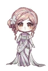  1girl bare_shoulders blush_stickers brooch brown_eyes chibi chinese_commentary choker closed_mouth commentary_request daughter_of_the_kingdom_(infinity_nikki) dot_nose dress elbow_gloves expressionless eyelashes flower flower_brooch formal_clothes gloves hair_bun hair_flower hair_ornament hairband haiyang_liuhuo hand_on_own_shoulder infinity_nikki jewelry lace_hairband light_blush lily_(flower) long_dress looking_at_viewer nikki_(nikki) nikki_(series) pink_hair sash short_hair sidelocks simple_background single_blush_sticker single_side_bun sleeveless sleeveless_dress solo standing straight-on wavy_hair white_background white_choker white_dress white_flower white_gloves white_hairband white_sash 