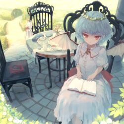  1girl album_cover back_bow bat_wings blue_hair book bow chair closed_umbrella commentary_request cover cup day flower_wreath head_wreath highres looking_at_viewer on_chair open_book puffy_short_sleeves puffy_sleeves red_bow red_eyes remilia_scarlet shirt short_sleeves sitting skirt skirt_set solo table tea teacup teapot touhou umbrella vase white_shirt white_skirt wings yoss_3 