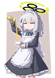 1girl absurdres alternate_costume apron black_dress blue_archive border brown_background can closed_eyes closed_mouth commentary_request cowboy_shot cross_hair_ornament cup decantering dress drink_can energy_drink enmaided frilled_apron frills green_halo grey_hair hair_ornament halo hare_(blue_archive) highres holding holding_can holding_saucer irregular_border long_hair long_sleeves maid maid_apron maid_headdress monster_energy outside_border ponytail saucer solo teacup tokuchi919 white_apron white_border 