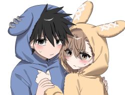  1boy 1girl absurdres amsjdjdjdj animal_hood black_eyes black_hair blush brown_eyes brown_hair highres hood hood_up kamijou_touma misaka_mikoto onesie rabbit_hood toaru_majutsu_no_index 