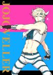  1boy blonde_hair caesar_anthonio_zeppeli facial_mark feathers fingerless_gloves gloves hair_feathers headband jojo_no_kimyou_na_bouken koeri midriff solo striped striped_pants vest 