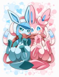  blue_eyes blue_fur blush brown_scarf comiket comiket_93 eye_contact glaceon heart looking_at_another neru_(neruneruru) no_humans pink_fur pokemon pokemon_(creature) ribbon scarf smile solo sylveon tail white_background white_fur 