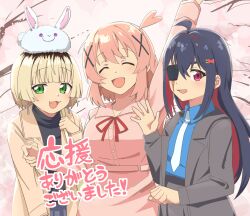  3girls absurdres aise_kirari arm_up black_hair black_jacket black_skirt blonde_hair blue_shirt breasts brown_coat brown_hair closed_eyes coat colored_inner_hair commentary_request earrings eyepatch fang green_eyes hair_ornament hairclip highres jacket jewelry kitora_gao large_breasts long_hair multicolored_hair multiple_girls necktie nekonyan_(inaba31415) nino_snow_white on_head one_side_up open_mouth pink_hair red_eyes red_hair roots_(hair) scar scar_across_eye scar_on_face shirt short_hair skirt smile translation_request two-tone_hair v-drive! waving white_necktie x_hair_ornament 