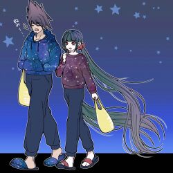  1girl alternate_costume bag black_pants blue_hoodie blunt_bangs brown_hair collarbone commentary_request danganronpa_(series) danganronpa_v3:_killing_harmony facial_hair full_body goatee hair_ornament hair_scrunchie harukawa_maki highres holding holding_bag hood hoodie long_hair long_sleeves low_twintails mole mole_under_eye momota_kaito pants red_eyes red_hoodie red_scrunchie sailor_collar sandals satori_(aosky9077) scrunchie shirt shoes star_(symbol) translation_request twintails 