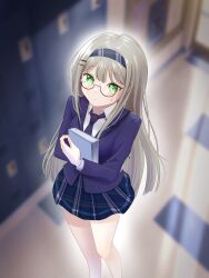  1girl absurdres blazer blonde_hair blue_hairband blue_jacket blue_necktie blue_skirt blurry blurry_background blush book closed_mouth collared_shirt commentary eueueuak-ak feet_out_of_frame glasses green_eyes grey_hair hair_ornament hairband hairclip hallway highres holding holding_book hugging_object indoors jacket korean_commentary locker long_hair long_sleeves looking_at_viewer necktie plaid_clothes plaid_skirt pleated_skirt school school_uniform semi-rimless_eyewear shirt skirt solo standing sweat sweatdrop under-rim_eyewear very_long_hair viichan virtual_youtuber waktaverse white_shirt 