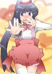  1girl akatsuki_(log_horizon) apron blush log_horizon long_hair ponytail purple_hair ribbon riku_kanna solo tears thigh-highs violet_eyes waitress zettai_ryouiki 