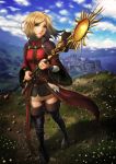  1girl belt blonde_hair boots castle cloudy_sky coattails dragon&#039;s_dogma green_eyes highres landscape long_coat nature pauldrons pawn_(dragon&#039;s_dogma) pencil_skirt short_hair small_breasts solo staff thigh_boots thighhighs wristband yuki_tajima 