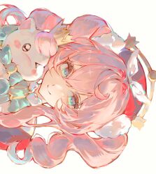 1girl aqua_eyes closed_mouth hair_intakes haru_1un hat highres honkai:_star_rail honkai_(series) hyacine_(honkai:_star_rail) little_ica_(honkai:_star_rail) looking_at_viewer medium_hair nurse_cap pink_hair portrait sidelocks sideways simple_background smile solo white_background 