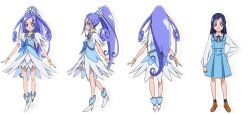  1girl black_socks blue_bow blue_eyes blue_hair bow bracelet brooch brown_shoes cure_diamond diamond-shaped_earrings dokidoki!_precure dress earrings gold_bracelet heart heart_brooch hishikawa_rikka jewelry magical_girl official_art pinafore_dress precure reference_sheet shoes sleeveless sleeveless_dress smile socks solo takahashi_akira transparent_background 