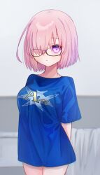  1girl absurdres arts_shirt_(fate) bed blush bottomless breasts fate/grand_order fate_(series) glasses hair_over_one_eye harukappa highres large_breasts looking_at_viewer mash_kyrielight pink_hair short_hair solo violet_eyes 