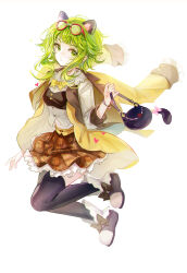  1girl absurdres animal_bag animal_ears bag black_bag black_shoes black_thighhighs bow bowtie bracelet brown_skirt cat_bag cat_ears coat commentary extra_ears eyewear_on_head frilled_skirt frills full_body glasses green_eyes green_hair gumi handbag highres holding holding_bag jewelry jumping looking_at_viewer open_clothes open_coat red-framed_eyewear shirt shoes short_hair simple_background skirt solo thigh-highs vocaloid white_background white_shirt yellow_bow yellow_bowtie yellow_coat zhongji_yaoguai 