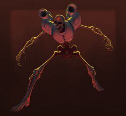  1other armor bone breastplate dark demon doom_(series) english_commentary full_body highres hip_bones laser-fire no_humans open_mouth revenant_(doom) shoulder_armor shoulder_cannon skeleton solo spine standing teeth 