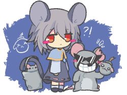  !? 1girl :< animal_ears basket blush_stickers bomb capelet chibi crossover dress ertiao3213 explosive grey_capelet grey_dress holding holding_bomb mewgenics mouse_(animal) mouse_ears mouse_girl mouse_tail nazrin radical_rat red_eyes standing sunglasses tail touhou 