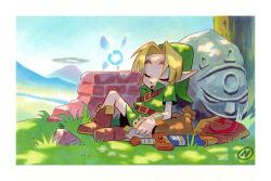  1boy absurdres blonde_hair boots border brick_wall brown_boots day deku_shield grass green_hat green_tunic hat highres link navi nuri_durr outdoors outside_border pointy_ears rock shield sitting sleeping solo sword tunic weapon white_border young_link 
