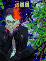  0x_lily 1boy black_jacket black_pants chain collared_shirt corbeau_(pokemon) eyewear_strap fire flower glasses highres jacket leaf long_sleeves looking_at_viewer male_focus necktie pants parted_hair pokemon pokemon_legends:_z-a purple_hair purple_shirt round_eyewear shirt short_hair simple_background sitting solo undercut upper_body white_flower white_necktie yellow_eyes 