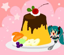  apple apple_slice aqua_eyes cherry chibi chibi_only commentary_request dessert food food_focus fruit grapes hatsune_miku holding holding_spoon kaorin_minogue lowres oversized_food oversized_object pink_background plate pudding spoon star_(sky) sweets vocaloid 
