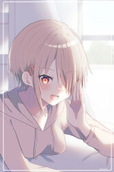  1girl absurdres brown_hair brown_pajamas commentary_request fang hair_ornament hair_over_one_eye hairpin heaven_burns_red highres kayamori_ruka one_eye_covered open_mouth pajamas puyopiku red_eyes short_hair teeth upper_body upper_teeth_only whispering 