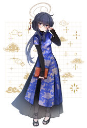  1girl absurdres adjusting_eyewear alternate_costume bags_under_eyes black_dress blue_archive blue_dress book brown_halo china_dress chinese_clothes chinese_hairpin commentary_request crossed_bangs doraje dress floral_print floral_print_dress full_body glasses hair_bun hair_ornament hair_stick halo highres holding holding_book light_blush long_hair long_sleeves looking_at_viewer parted_lips ponytail print_dress purple_hair short_sleeves single_hair_bun sleeves_past_wrists solo standing ui_(blue_archive) violet_eyes white_background 