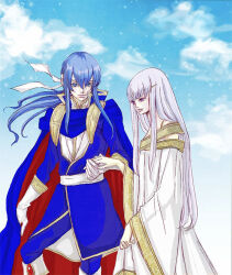  blue_cape blue_coat blue_hair blue_sky brother_and_sister cape circlet coat commentary_request dress feet_out_of_frame fire_emblem fire_emblem:_genealogy_of_the_holy_war full_body gloves gold_trim hachi_(hachinoko) half-siblings headband holding_hands julia_(fire_emblem) light_smile long_hair long_sleeves low_ponytail outdoors parted_lips ponytail red_cape seliph_(fire_emblem) siblings sky standing two-sided_cape two-sided_fabric violet_eyes white_coat white_dress white_gloves white_hair white_headband wide_sleeves 