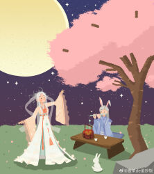  absurdres alternate_costume animal_ears baishuo_(shining_nikki) black_eyes blue_hanfu blush_stickers cherry_blossoms chinese_clothes chinese_commentary chinese_hairpin choko_(cup) closed_mouth commentary_request crescent_halo cup extra_ears flute frilled_sleeves frills full_moon grey_halo hagoromo halo halo_behind_head hanfu high-waist_skirt highres instrument kneeling long_hair long_sidelocks long_skirt long_sleeves looking_ahead moon mooncake multiple_halos night nikki_(series) no_lineart one_ear_down orange_shirt outdoors outstretched_arm parted_bangs playing_flute playing_instrument purple_sky qingyue_(shining_nikki) rabbit rabbit_boy rabbit_ears rock shadow shawl shining_nikki shirt sidelocks skirt sky smile solid_oval_eyes sparkle spring_(season) star_(sky) starry_sky straight_hair table tree white_hair white_rabbit_(animal) white_skirt wide_sleeves xiangcai_de_danchao_fandian 