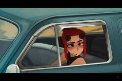  artist_name black_horns blush car convertible demon_horns driving highres horns letterboxed looking_at_viewer looking_through_window medium_hair meme motor_vehicle original red_eyes red_hair shibansfw sidelocks steering_wheel surprised the_umbrella_academy vanya_and_five_drive_by_each_other_(meme) 